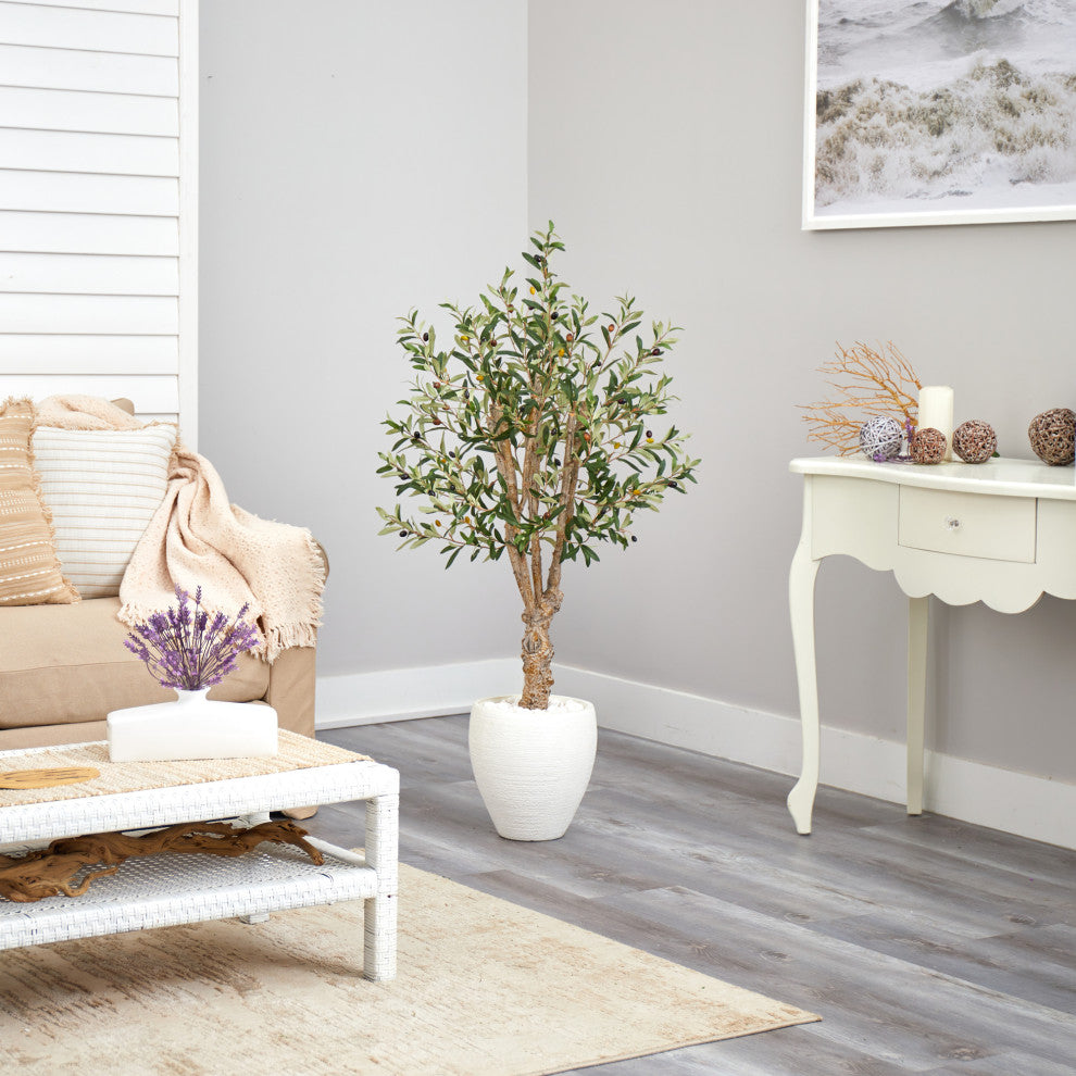 53" Olive Artificial Tree, White Planter
