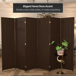 6' Tall Woven Fiber Room Divider, 6 Panel, Dark Mocha