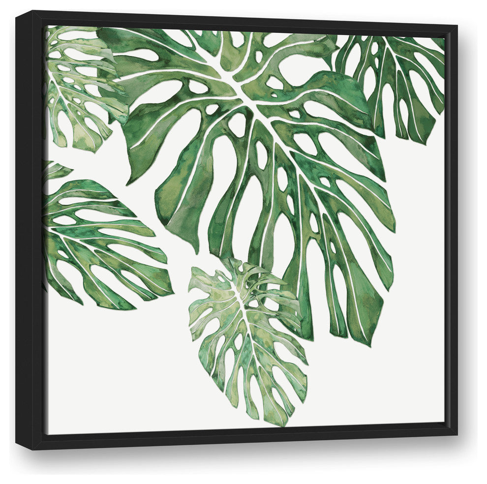 Green Tropical Leaves 24x24 Black Floating Framed Canvas