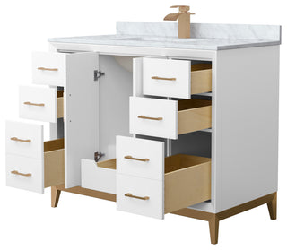 Amici 42" White Single Vanity, White Carrara Marble Top, Satin Bronze Trim