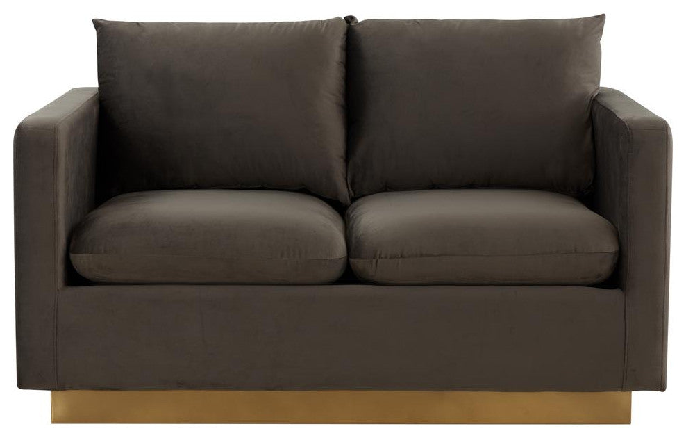 LeisureMod NS55DGR Nervo Dark Grey Mid-Century Velvet Loveseat Gold Frame