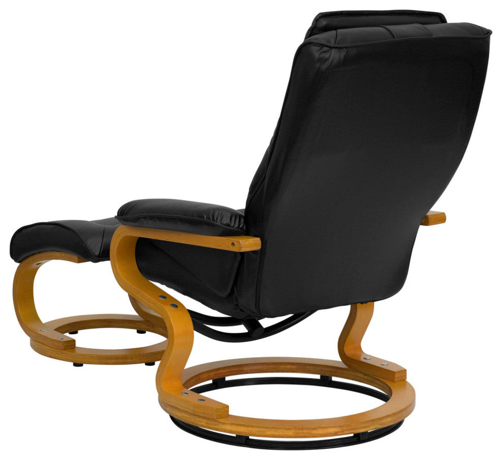 Black Leather Recliner and Ottoman With Swiveling Maple Wood Base