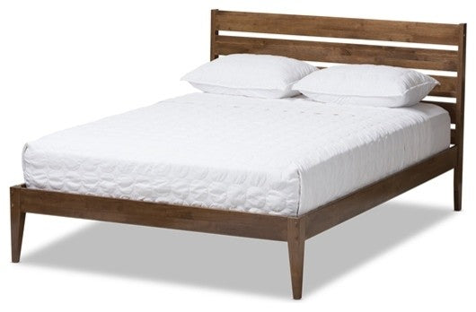 Mid-Century Modern Solid Walnut Wood Slatted Headboard Queen Size Platform Bed