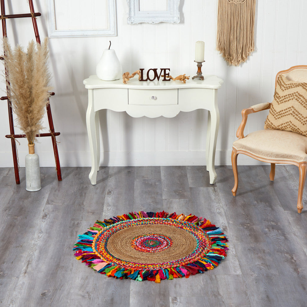 3' x 3' Handmade Woven Chindi Jute Rug With Colorful Fringe