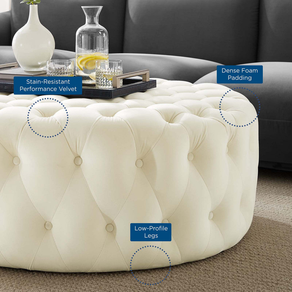 Round Ottoman Accent Tufted Chair, Ivory White, Velvet, Modern, Hospitality