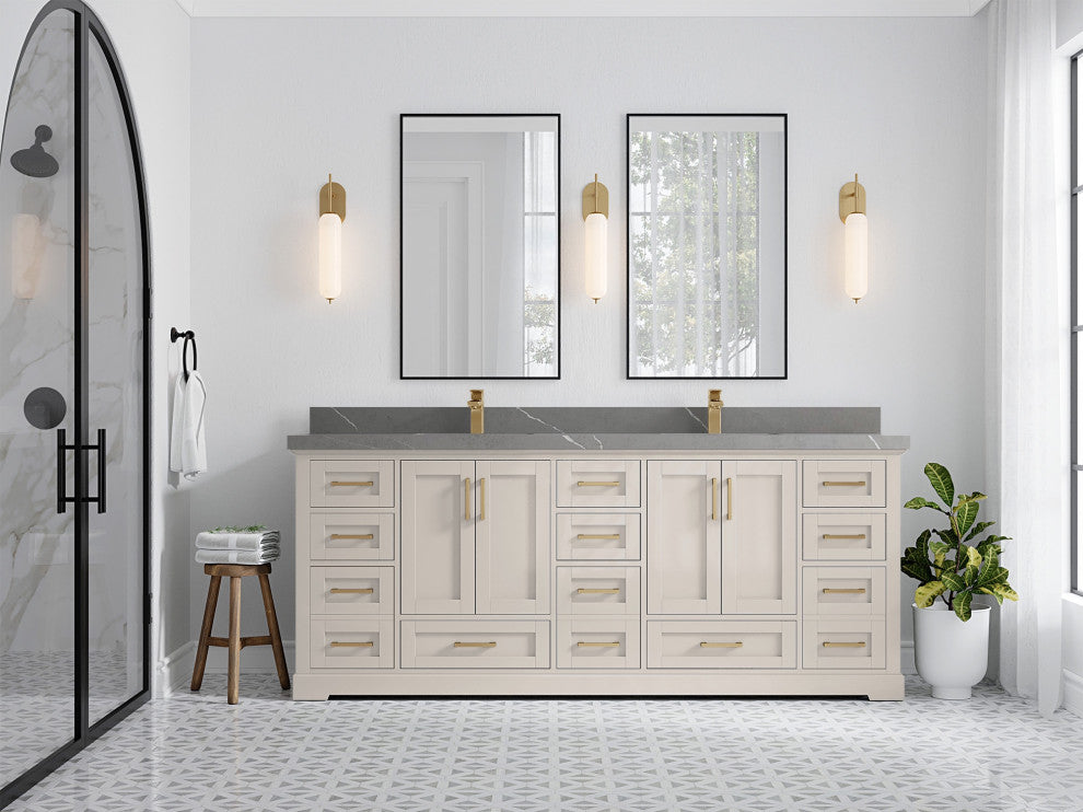 Boston 84" Double Sink Bath Vanity in Fine Grain 2" Piatra Gray