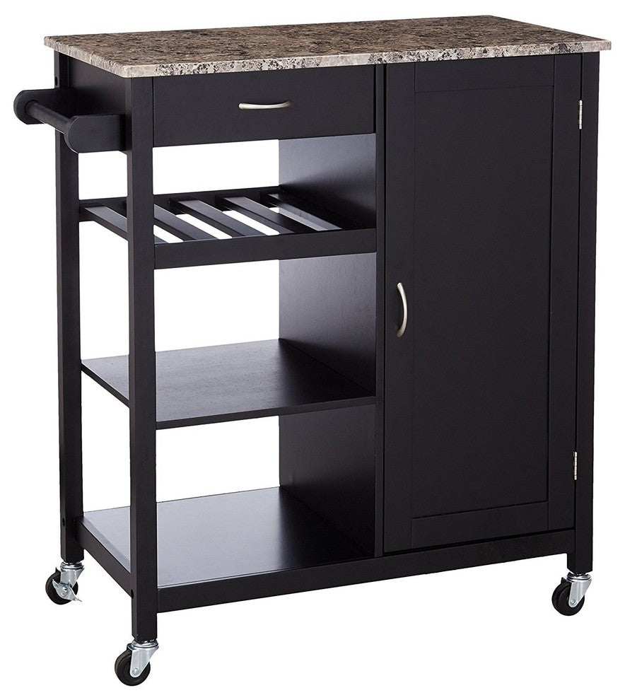 Charlotte Wood and Marble Kitchen Storage Cart, Black