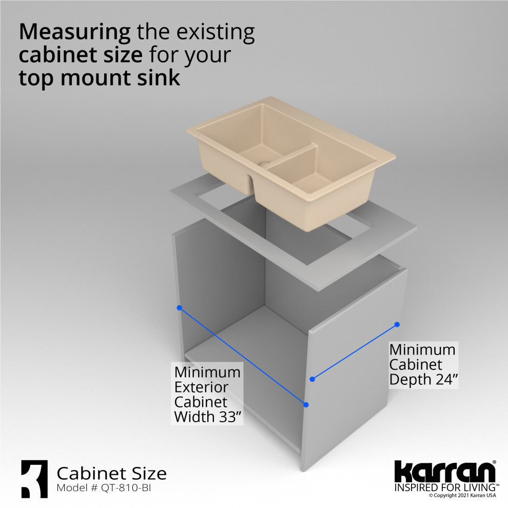 Karran 33" Top Mount Double Equal Bowl Quartz Kitchen Sink, Bisque