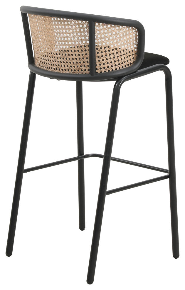 LeisureMod Ervilla Wicker Bar Stool With Black Powder Coated Frame, Black
