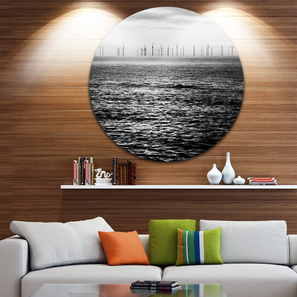 Wind Turbines Black And White, Landscape Large Disc Metal Wall Art, 36"
