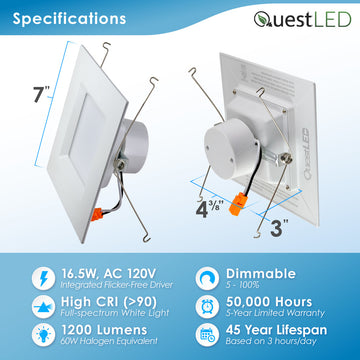 LED Square Retrofit Downlight, Dimmable, 120V, Warm White 3000k, 6", 4-Pack