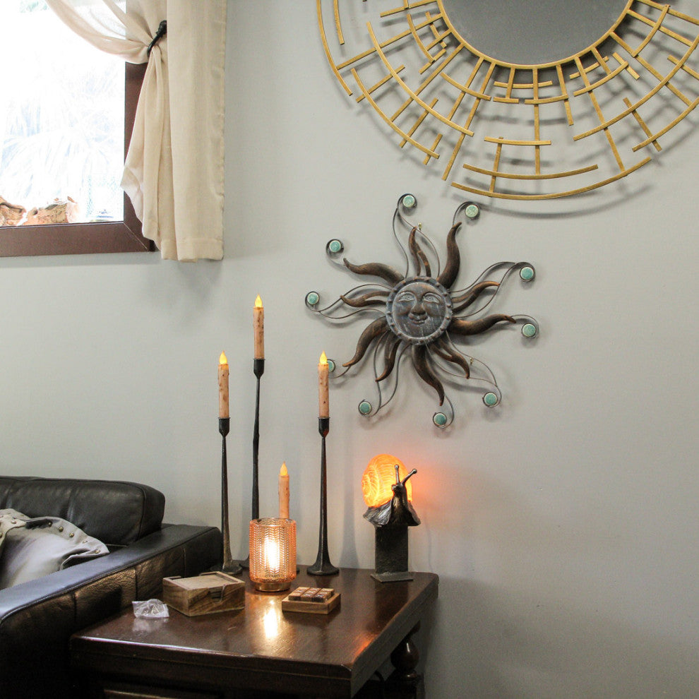 Antique Copper Finish Metal Sun Face Wall Hanging With Ceramic Bead Accents