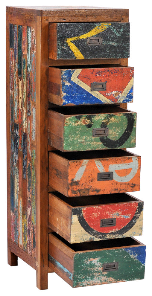 Chest with 6 Vertical Drawers Made From Recycled Teak Wood Boats
