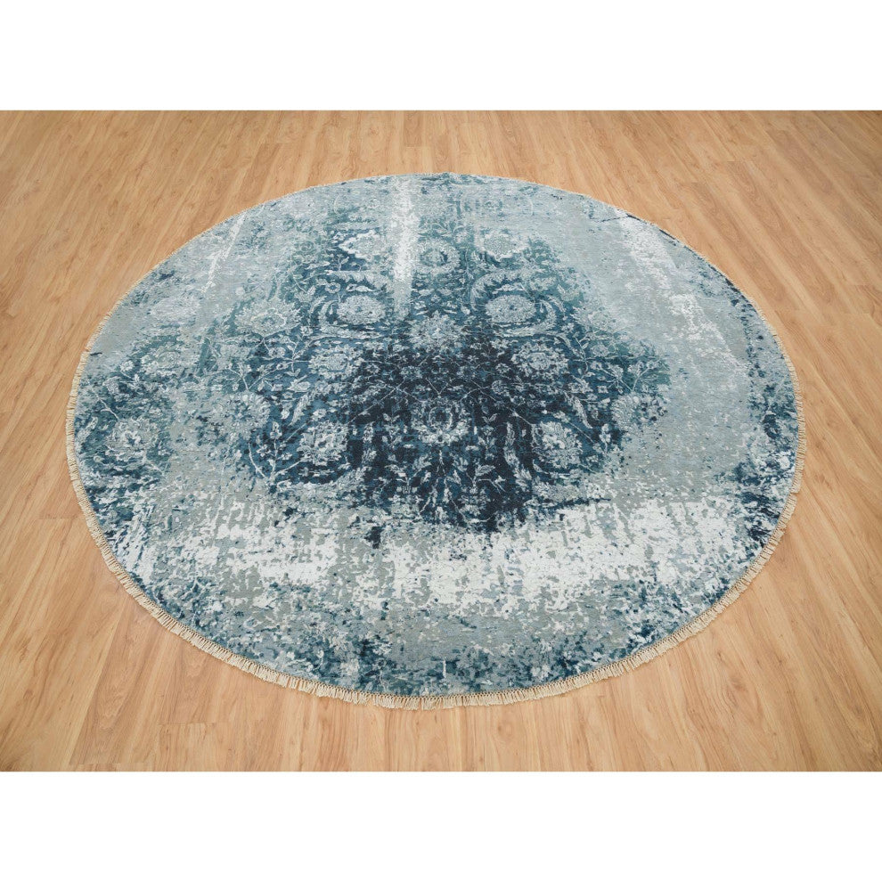 Blue-Teal Farsian Tebraz Wool and Silk Hand Knotted Runner Rug, 9'10"x9'10"
