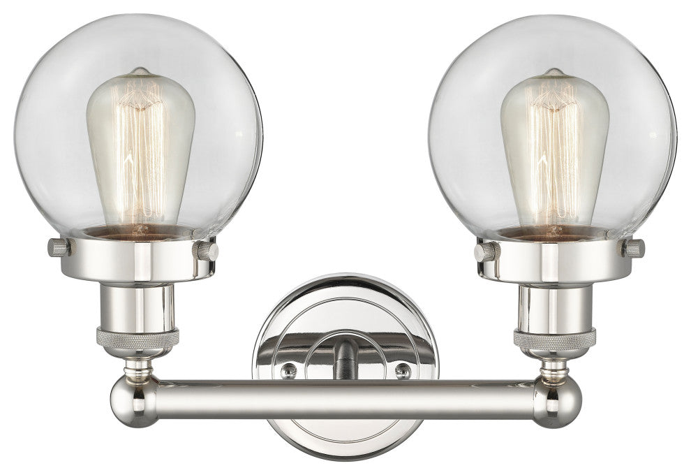 Small Edison Beacon 2-Light 16" Vanity Light, Polished Nickel With Clear Shade