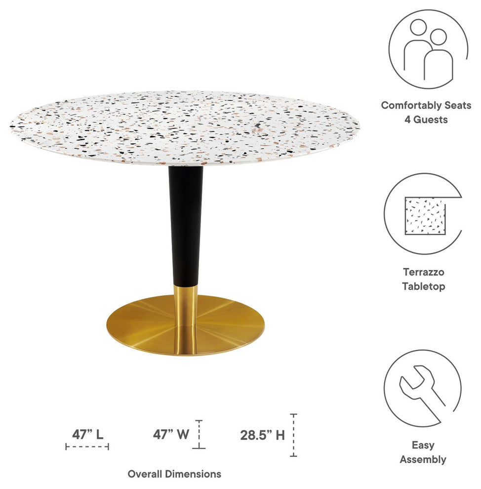 47" Dining Table, Round, White Gold, Metal, Modern Cafe Bistro Hospitality