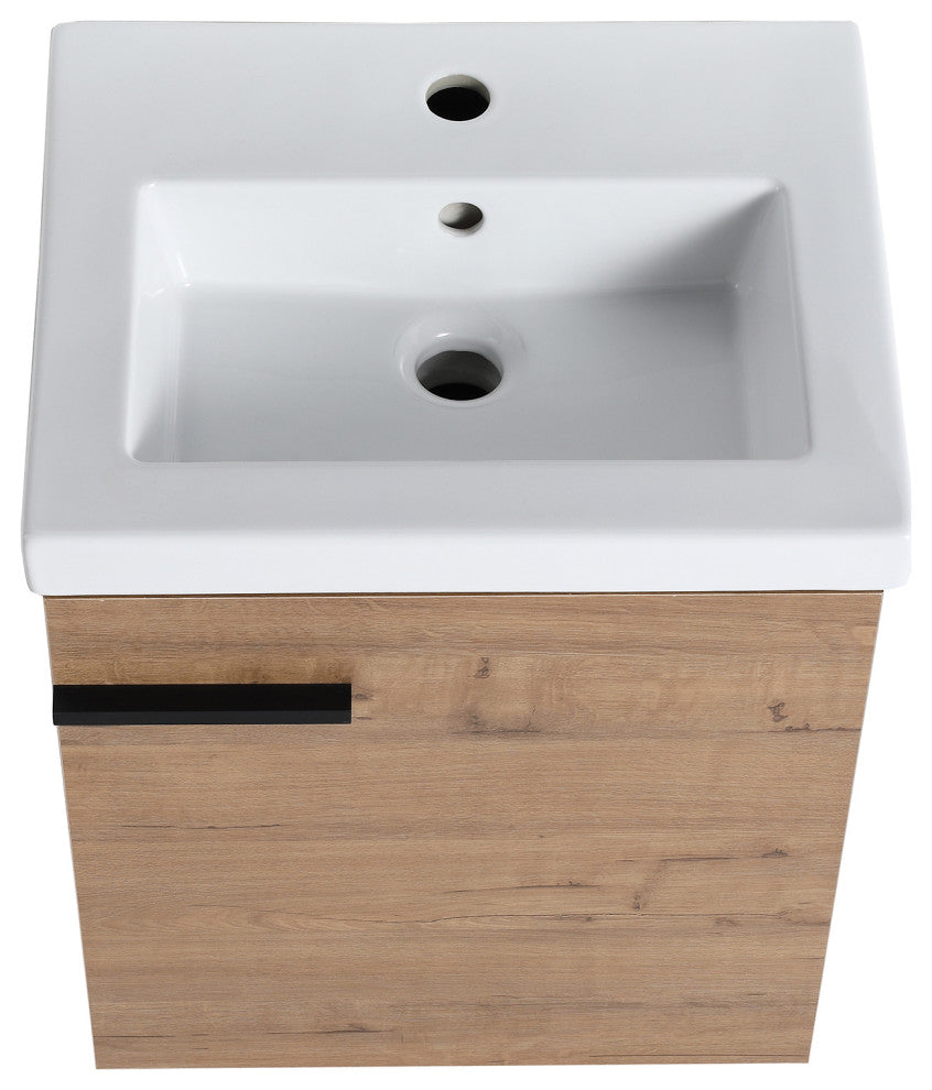 18 in. Wall-Mounted Small Bathroom Vanity With Ceramic Sink, Imitative Oak