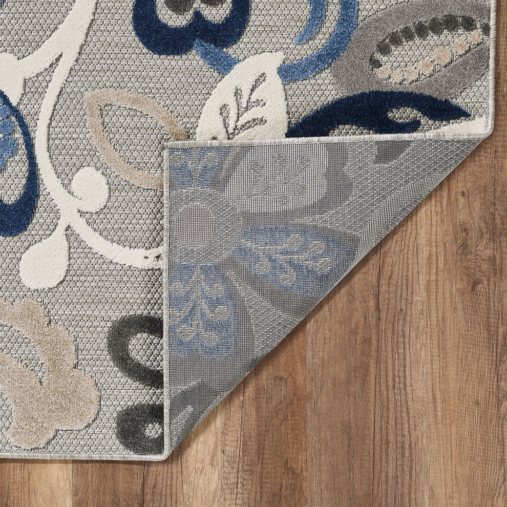 8" Round Blue Gray Jacobean Floral Indoor Outdoor Area Rug