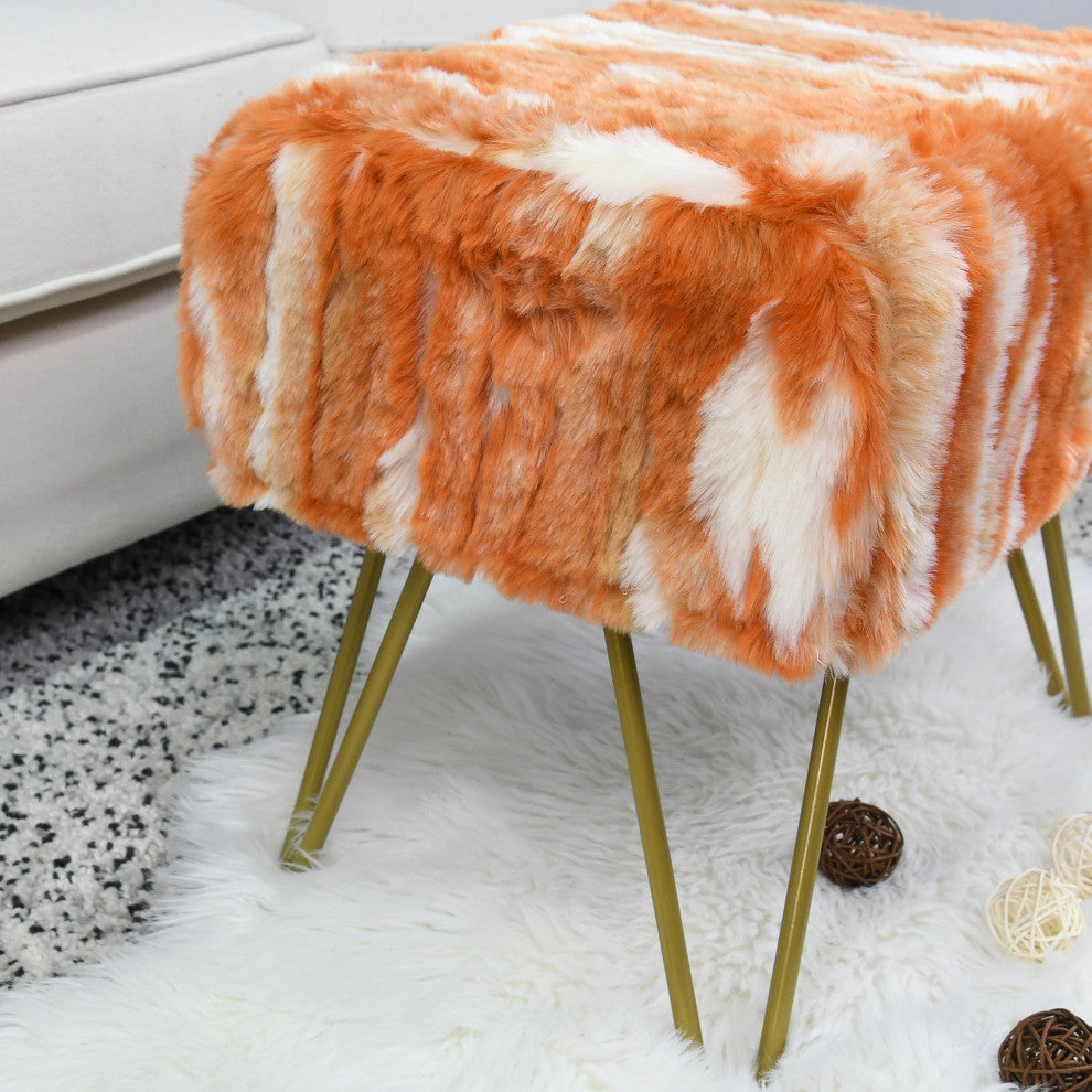 Soft Faux Fur Ottoman Fuzzy Entryway Bench Seat, Burnt Orange, 19"x13"x17"