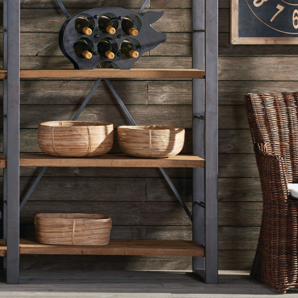 Set of 3 Natural Cane Rattan Decorative Bowl Low Baskets Round Nesting Coiled