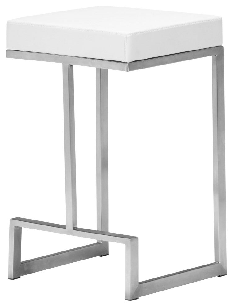 Counter Stool Chair, Set of 2, Faux Vinyl Leather, Steel, White, Silver, Cafe