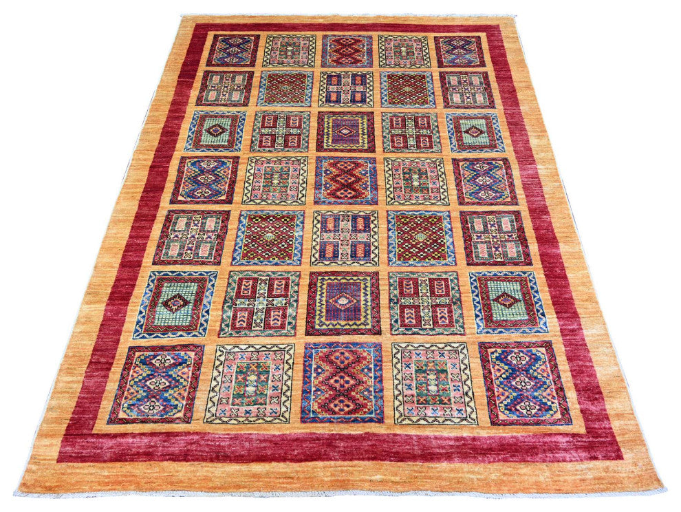 Ochre Brown Wool Afghan Super Kazak Garden Design Hand Knotted Rug, 4'10"x6'3"