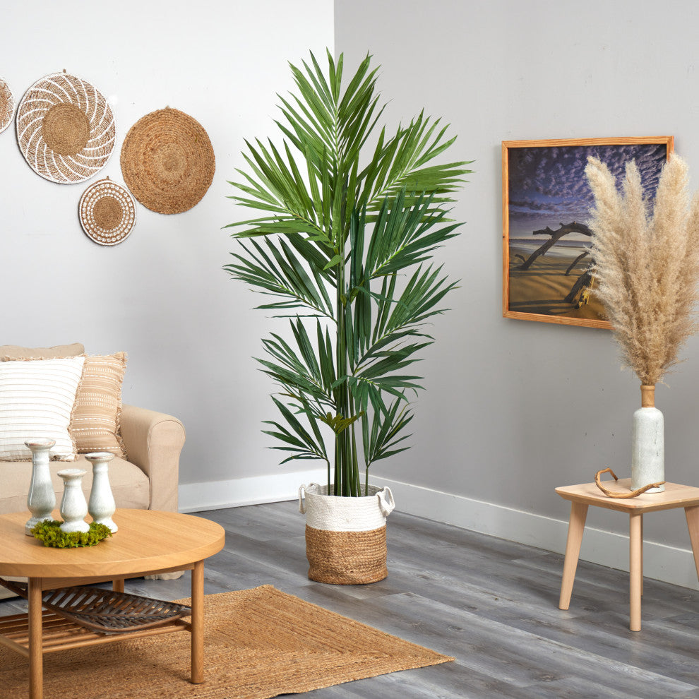 7' Kentia Artificial Palm, Handmade Natural Jute and Cotton Planter