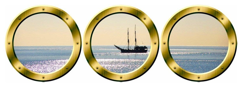 VWAQ Boat Window Decals - Portholes Decor, Ocean View Wall Mural, Gold, 14"