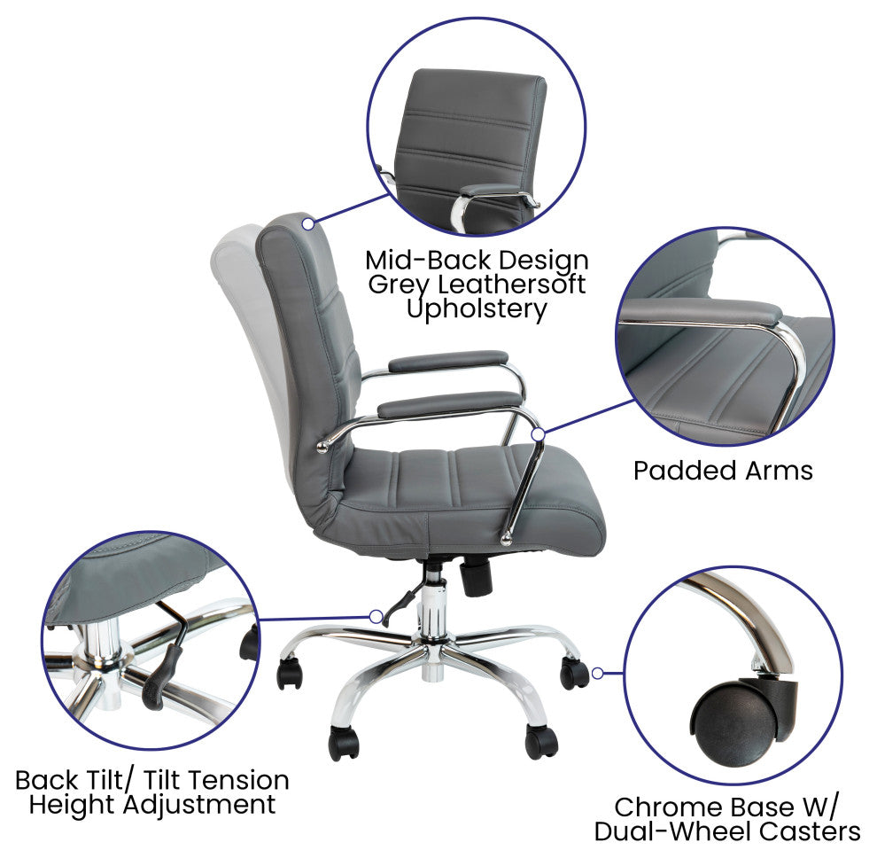 Mid-Back Executive Swivel Office Chair with Metal Frame and Arms, Gray Leatherso