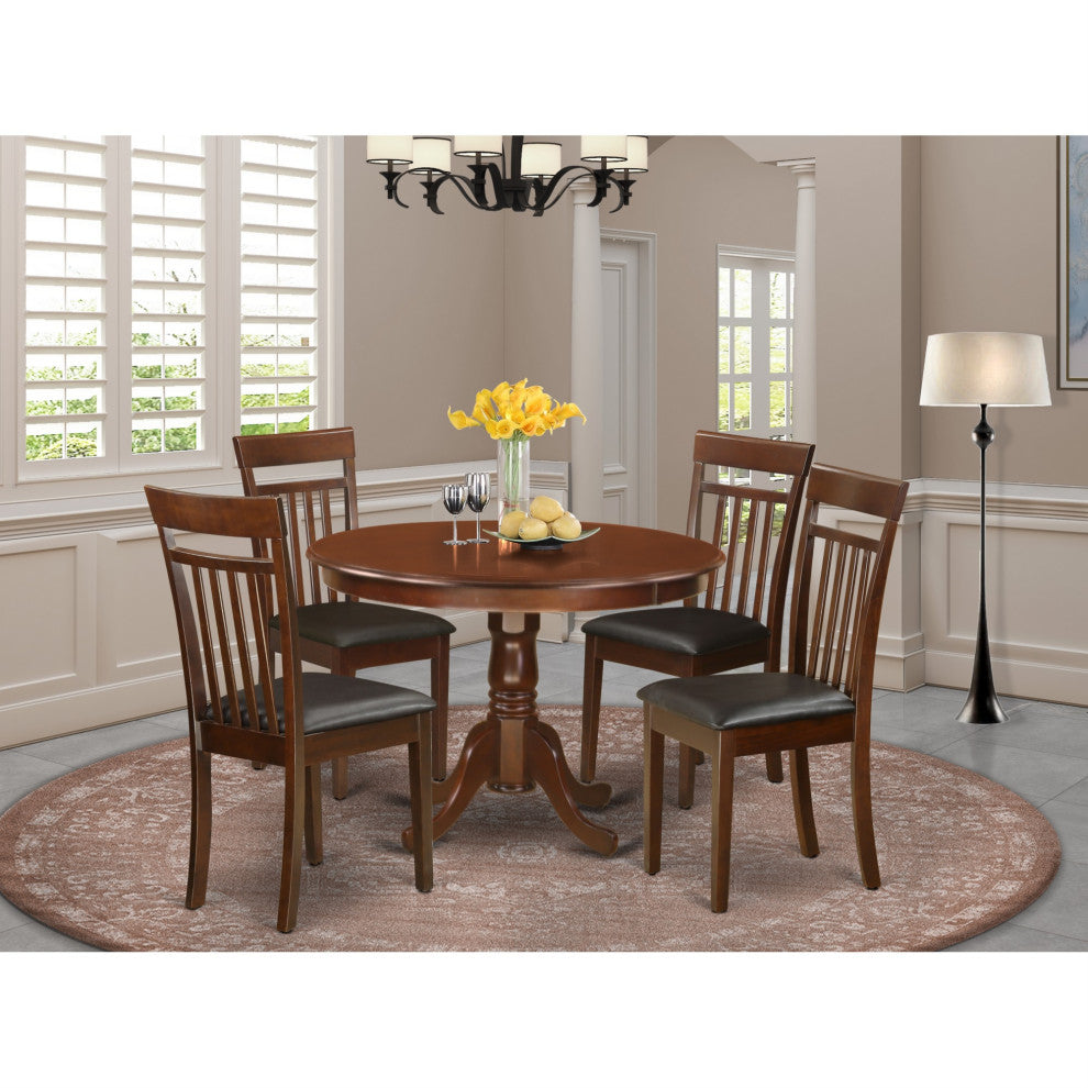 Hlca5-Mah-Lc 5-Piece Set, A Round Table and 4 Leather Dinette Chairs, Mahogany