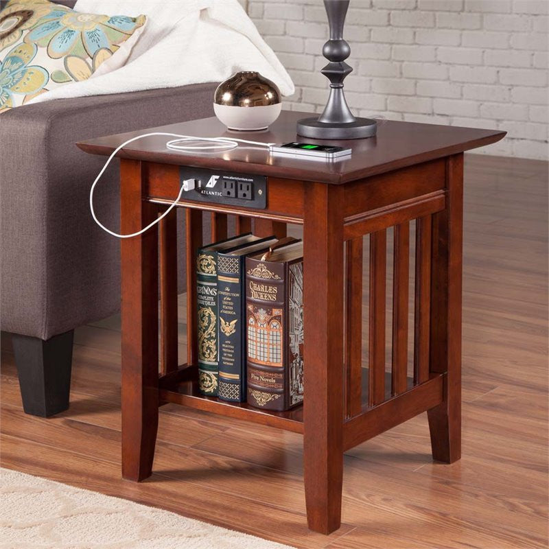 AFI Mission Solid Wood End Table with Built in Device Charger in Brown Walnut