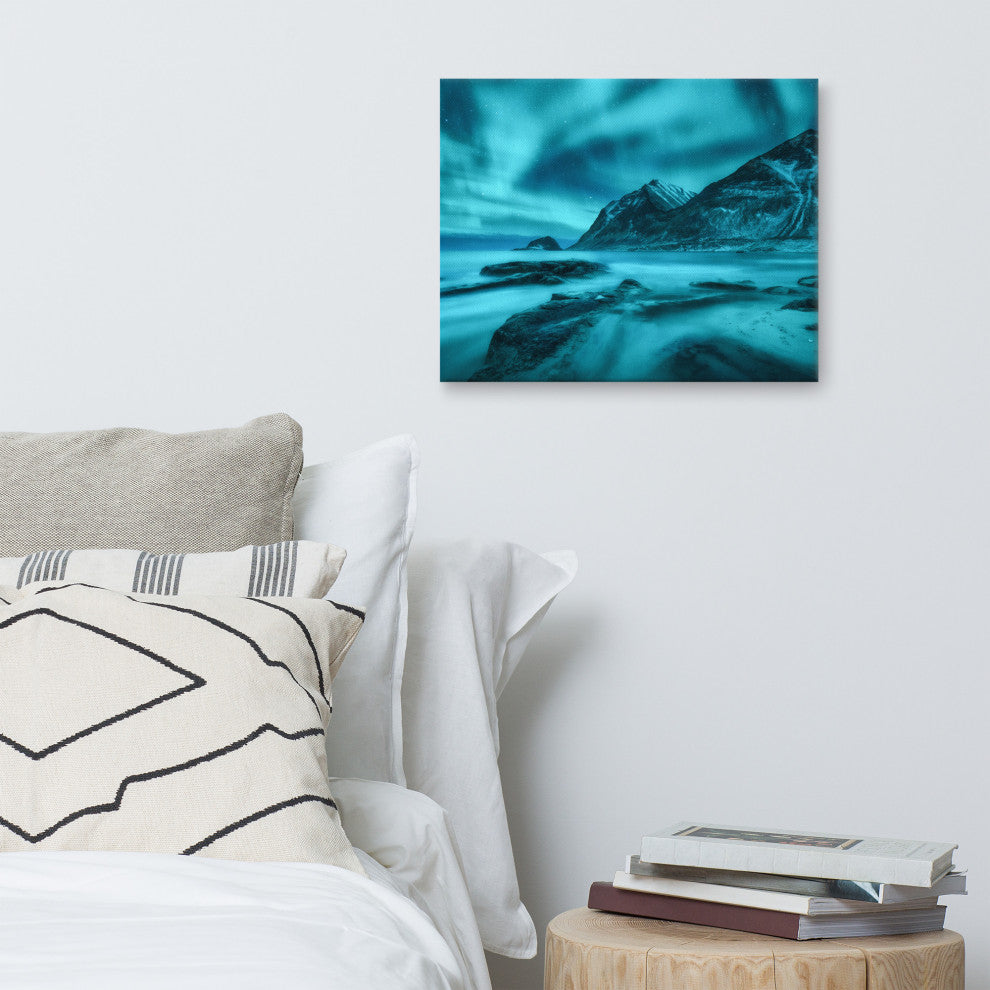 Blue Northern Lights and Mountain Coast Landscape Photo Canvas Wall Art Prints, 16" X 20"