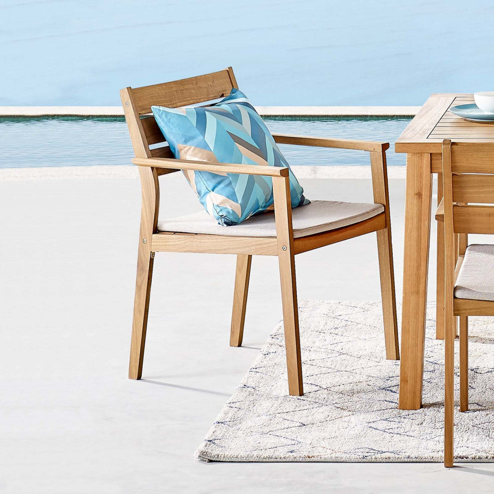 Side Dining Chair Armchair, Wood, Brown Natural Taupe Gray, Modern, Outdoor