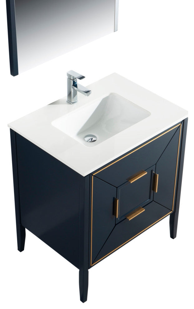 Vetro 30" Vanity With Quartz Counter Top, Gloss White, Navy Blue