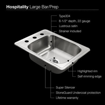 Houzer 1722-7BS Hospitality 17" Drop In Single Basin Stainless - Stainless