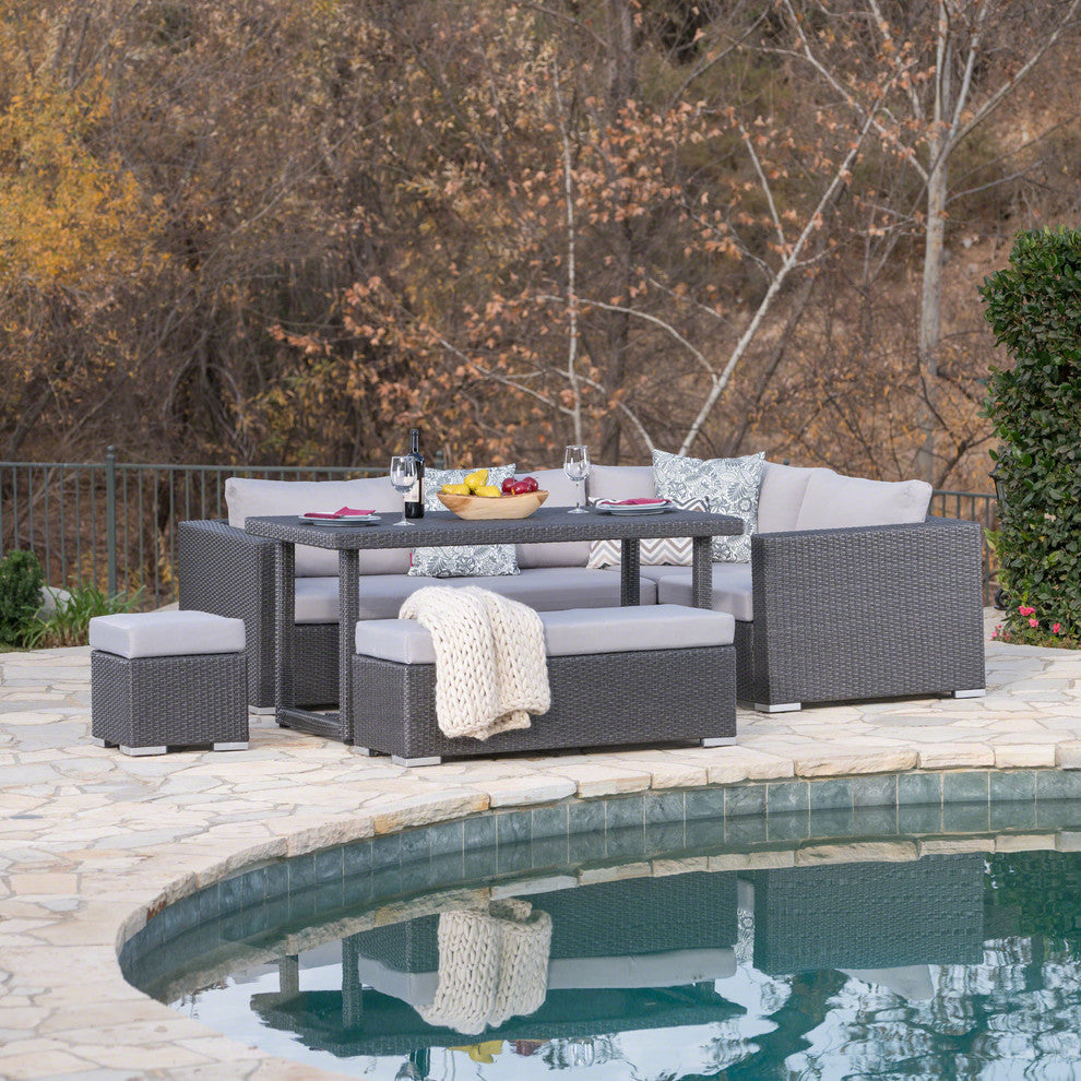 GDF Studio Santa Maria Outdoor Dining Sofa Set With Aluminum Frame, Gray/Silver