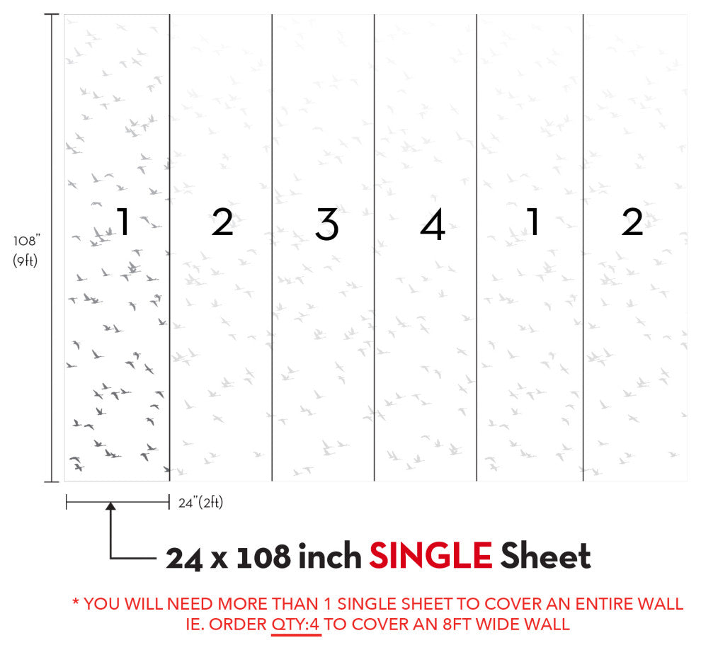 Soaring Birds Peel and Stick Vinyl Mural, Grey, 24"x108", Single
