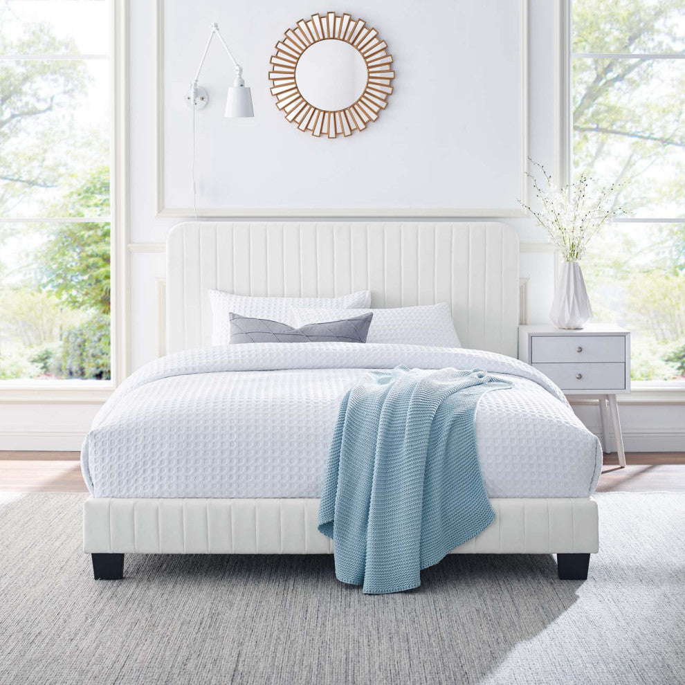 Celine Channel Tufted Performance Velvet Twin Platform Bed, White