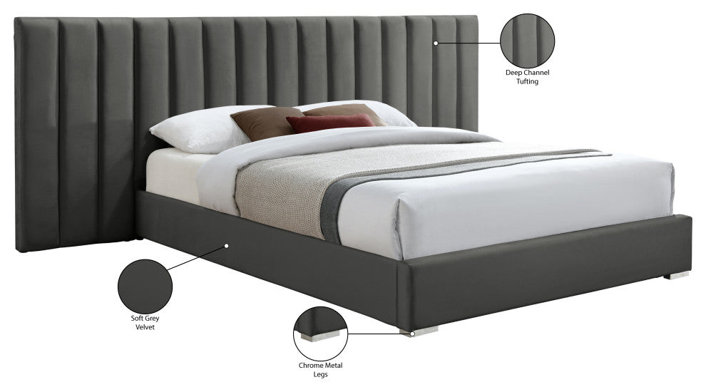 Pablo Velvet Upholstered Bed, Gray, Queen