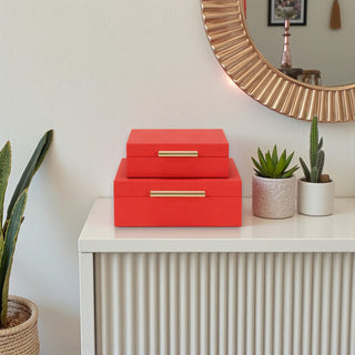 Lusan Square Decorative Box Set, Red Faux Shagreen
