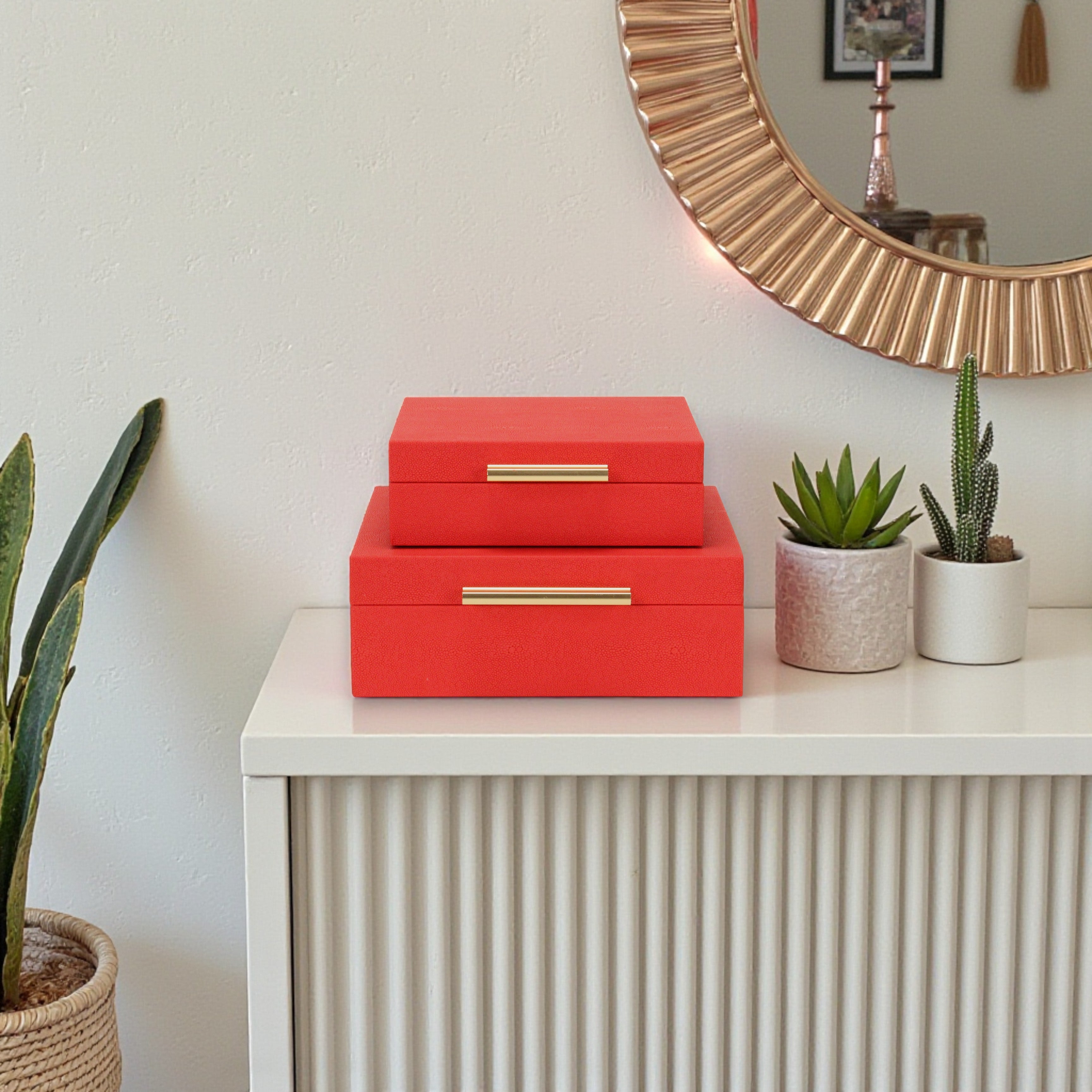 Lusan Square Decorative Box Set, Red Faux Shagreen