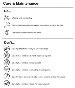 Care & maintenance content with Do/Don't sections; informational overlay.