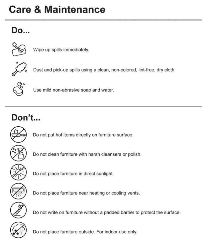 Care & maintenance content with Do/Don't sections; informational overlay.