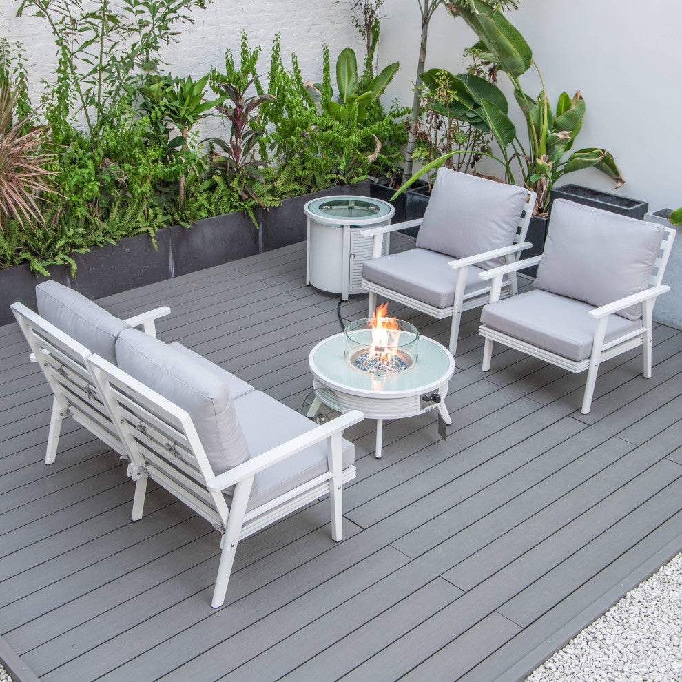 LeisureMod Walbrooke Patio Conversation Set With Fire Pit Table, Light Grey