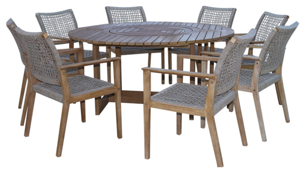 8 Person Antique Wash Lazy Susan Table With Wheat Rope Chairs