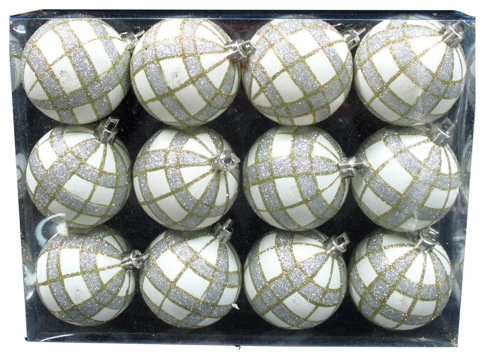 White Ball Ornament With Gold And Silver Plaid Design, 12-Pack