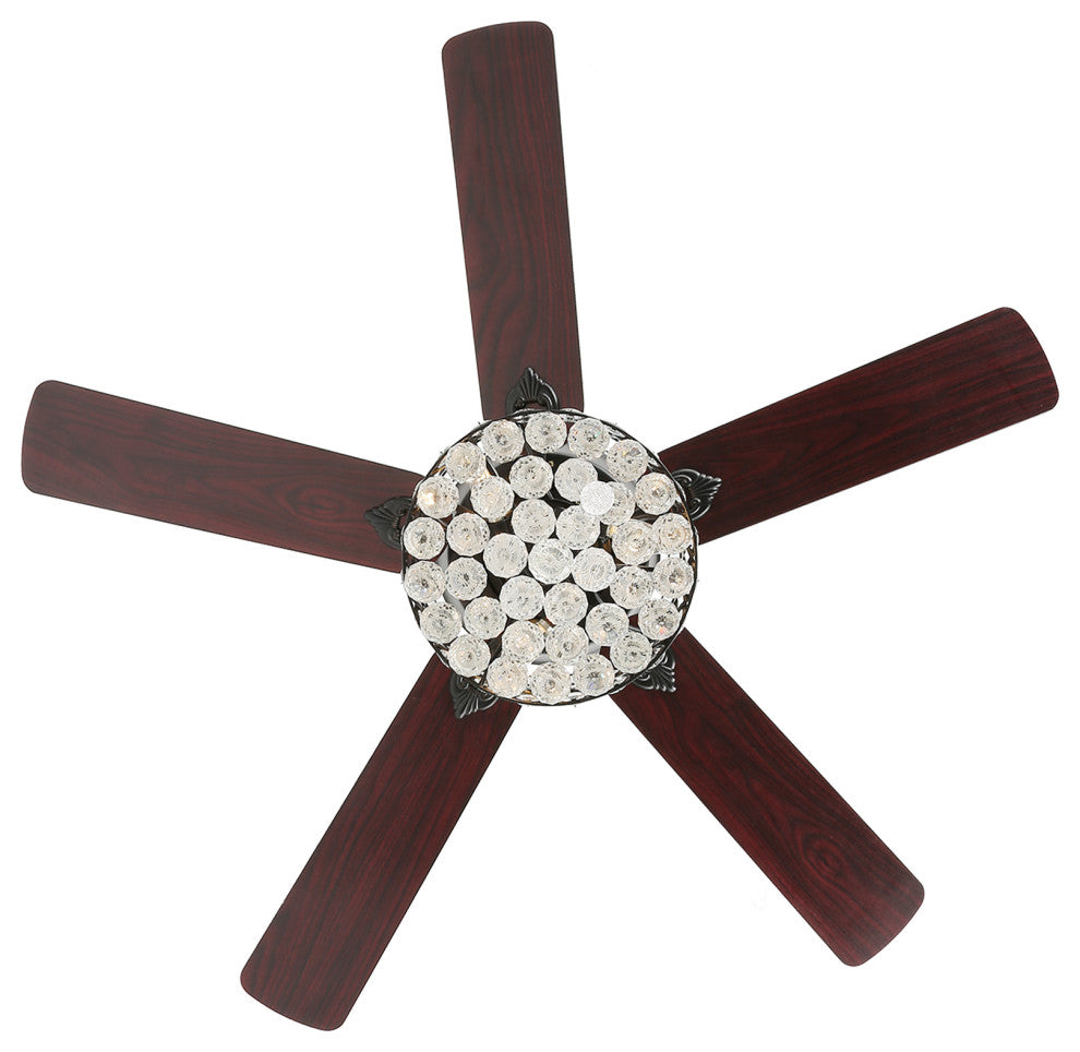 52" Modern Silver Crystal Ceiling Fan 6-speed with Dimmable Light and Remote, Black, 52"