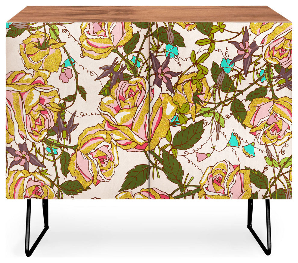 Deny Designs Yellow Beauty Credenza, Walnut, Black Steel legs