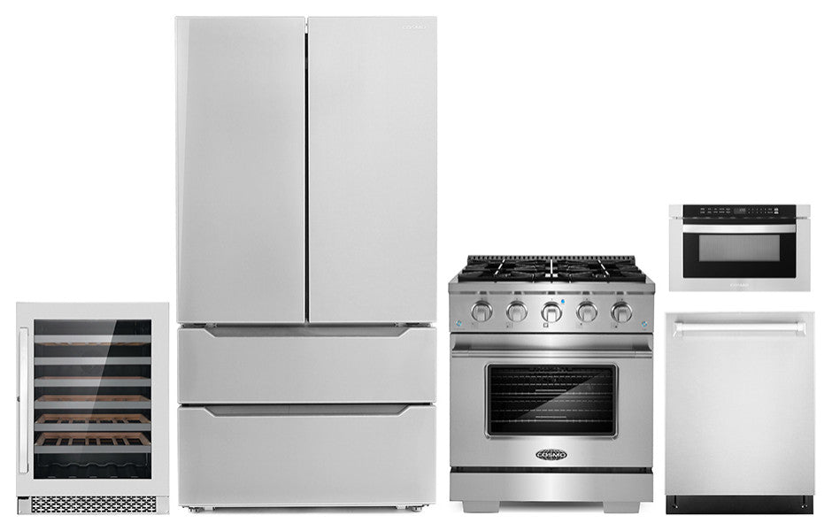 5 Piece, 30" Range 24.4" Microwave 24" Wall Oven, Refrigerator & Wine Cooler