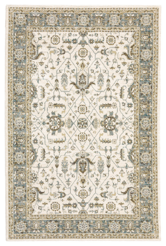 Adeline Traditional Bordered Ivory and Blue Area Rug, 7'10"x10'10"